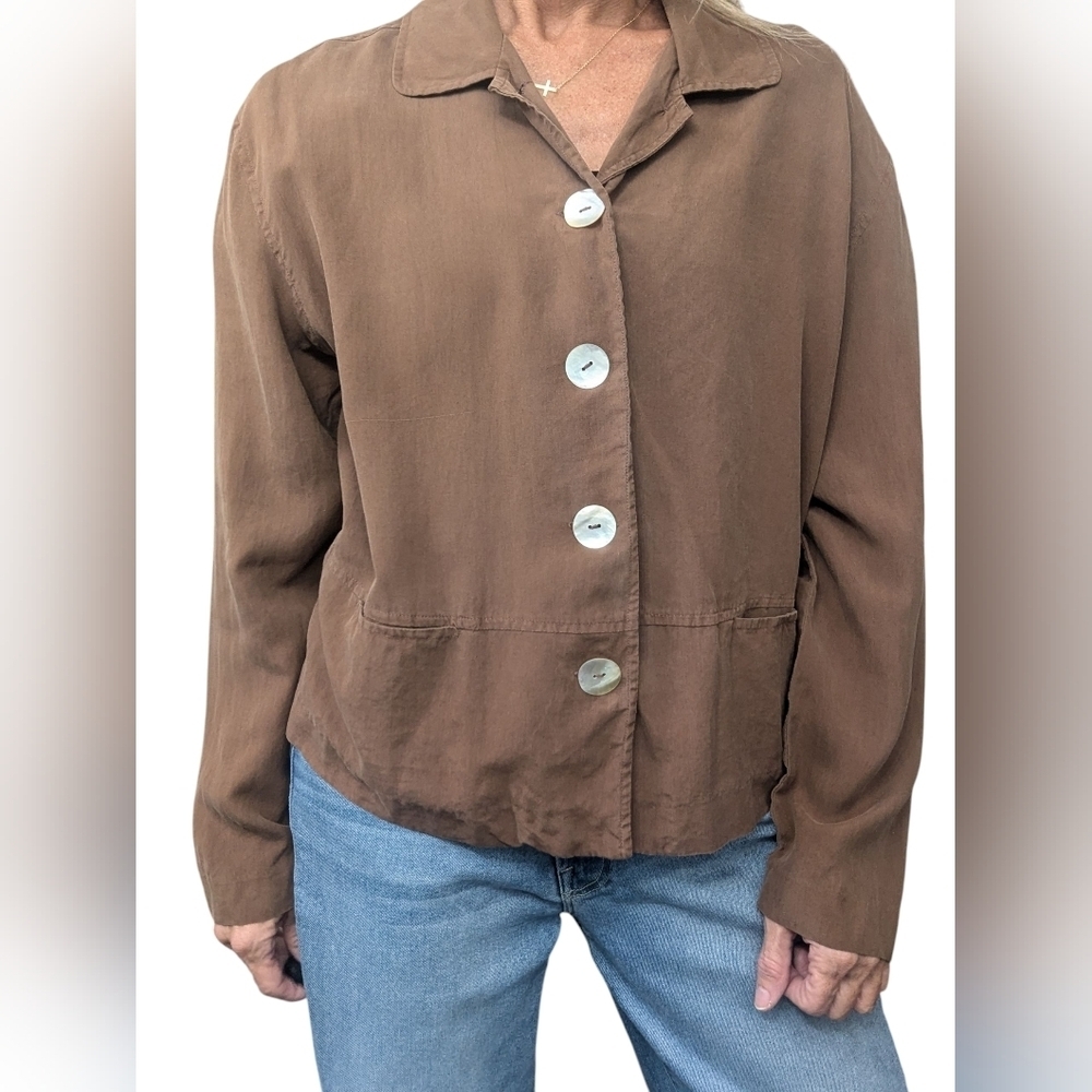 Vintage 90s Clio 100% Silk Brown Button Up Jacket Minimalist